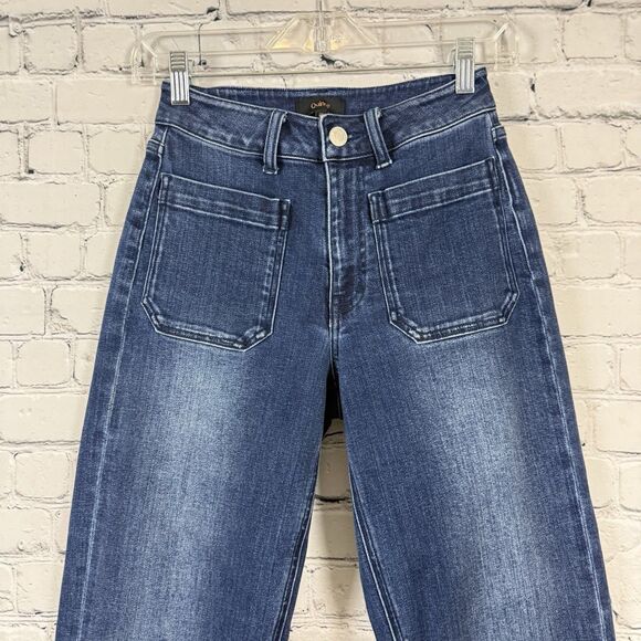 Quince Stretch High Rise Patch Pocket Wide Leg Jeans Dark Blue Wash - Picture 5 of 13